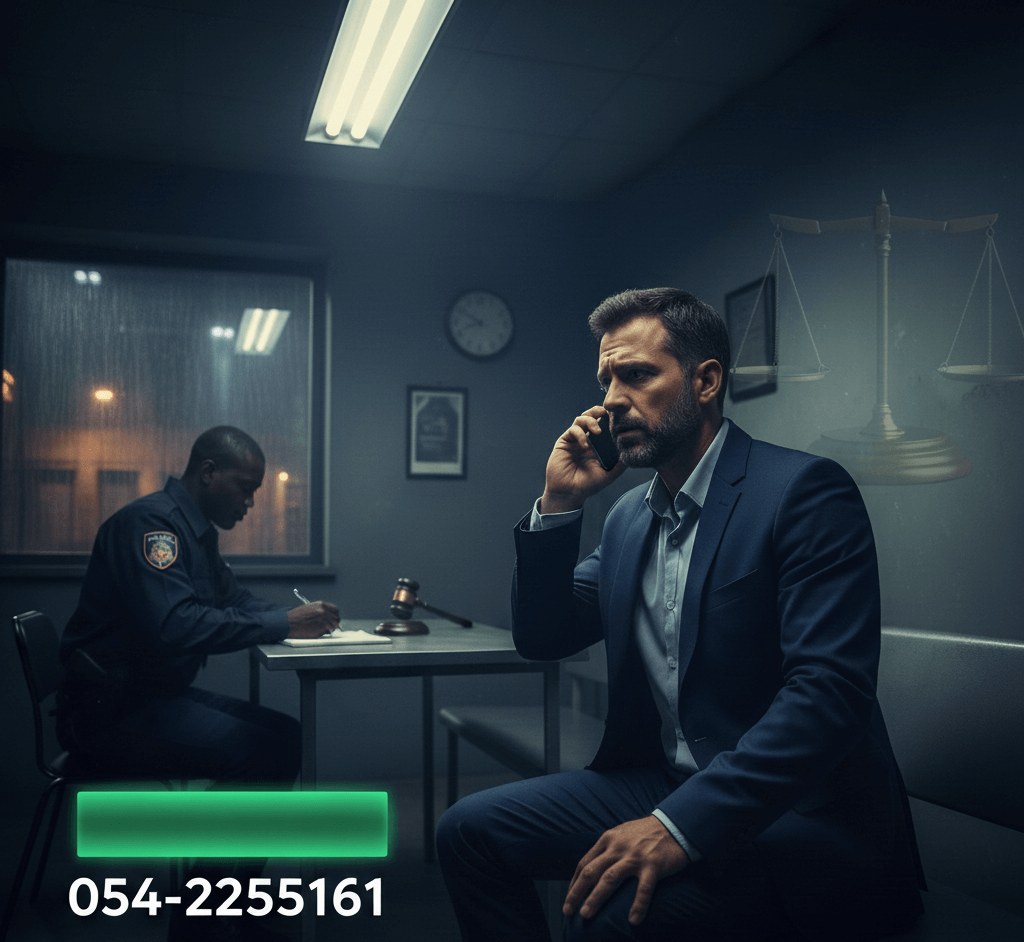 תמונת נושא של המאמר עורך דין פלילי דחוף בסגנון דרמטי המציגה גבר בחליפה יושב בחדר חקירות או בתחנת משטרה, נראה מודאג ומדבר בטלפון הנייד. ברקע נראה שוטר יושב ליד שולחן וכותב, ומעליו סמל שקוף של מאזני צדק. בתחתית התמונה מופיע מספר הטלפון 054-2255161 על רקע פס ירוק.