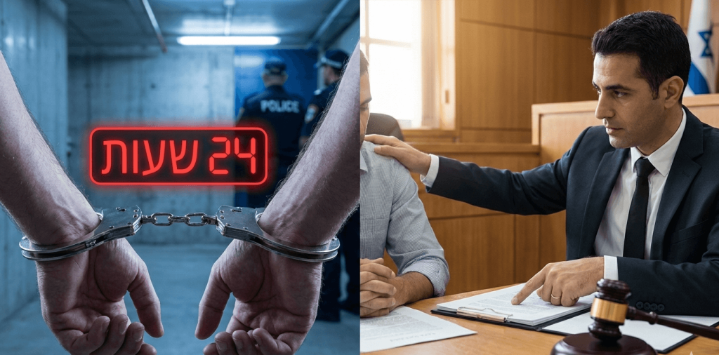 תמונת נושא של המאמר על עורך דין שחרור ממעצר המציגה תמונה מפוצלת המציגה מצד שמאל תקריב של ידיים אזוקות באזיקי מתכת על רקע מסדרון משטרתי עם שוטרים ושלט ניאון אדום המציג את הכיתוב 24 שעות ומצד ימין עורך דין במראה רציני הלבוש בחליפה ועניבה המניח יד תומכת על כתף לקוחו ומצביע על מסמכים משפטיים המונחים על שולחן עץ לצד פטיש שופט ודגל ישראל ברקע מה שמעביר מסר של ייצוג משפטי דחוף ומקצועי בעת מעצר או חקירה.