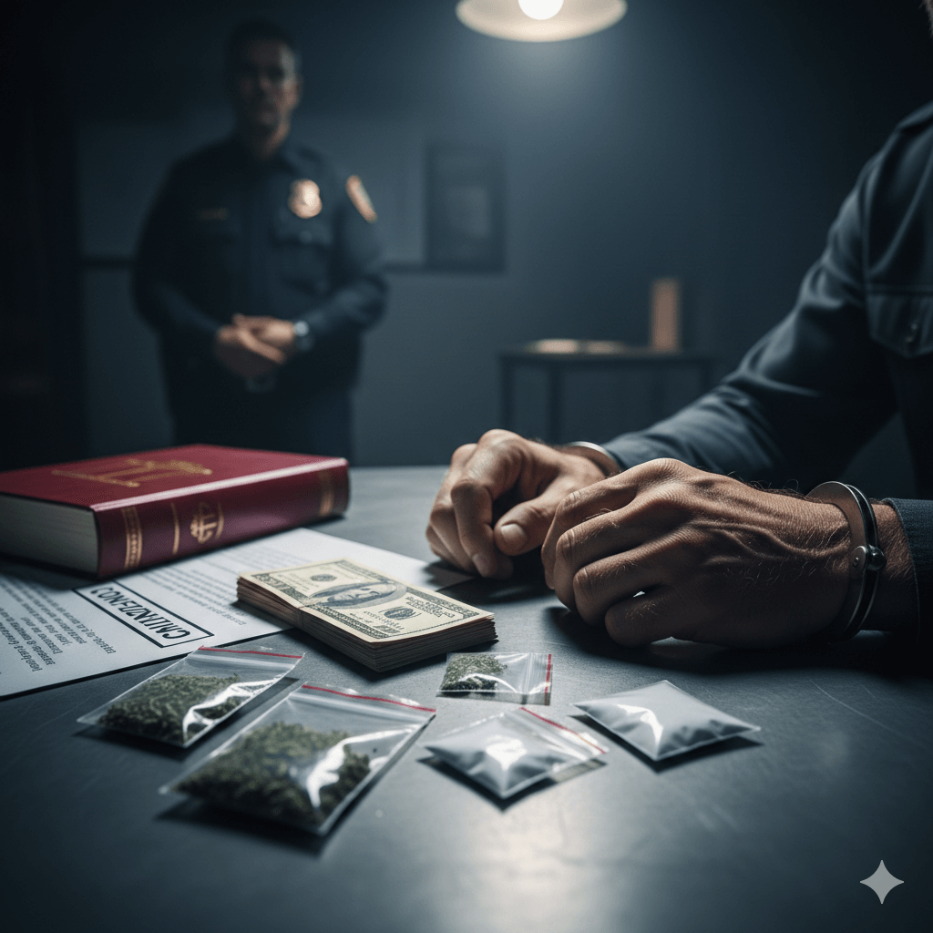 תמונת נושא של המאמר על סחר בסמים המציגה מבט מקרוב על שולחן מתכת אפור שעליו מונחים מוצגי עדות מרשיעים הכוללים שקיות קטנות המכילות חומרים החשודים כסמים מסוגים שונים חבילת שטרות דולרים עבה וספר חוקים אדום עם סמל מאזני צדק מוזהב. בצד ימין של הפריים נראות ידיו של אדם אזוק באזיקי מתכת המונחות על השולחן בתנוחה מתוחה בעוד שברקע המטושטש עומד שוטר במדים כהים עם תג משטרתי המשקיף על הנעשה תחת תאורה ממוקדת וחזקה היורדת מלמעלה ויוצרת אווירה של מתח ורצינות משפטית.