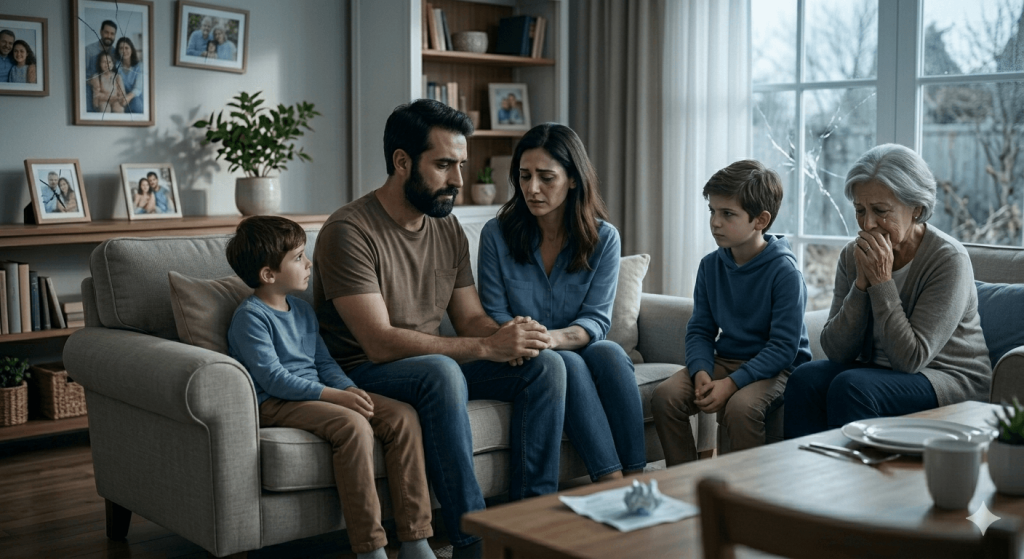 תמונת נושא של המאמר על עורך דין פלילי אלימות במשפחה במרכז הקומפוזיציה, גבר מזוקן עם חולצת טריקו חומה אוחז בידו של אשה הלובשת חולצה מכופתרת כחולה בהירה; שניהם מביטים למטה בהבעות אבלות. משמאלם יושב ילד צעיר בחולצה כחולה בהירה, המביט בזוג במבט מהורהר. מימינם יושב נער בחולצת קפוצ'ון כחולה, המתבונן קדימה כשזרועותיו מקופלות. בצד ימין הקיצוני, אשה מבוגרת עם שיער לבן, עוטה קרדיגן אפור, מכסה את פניה בידיה בבכי. כולם לובשים מכנסי ג'ינס או מכנסיים בצבע חאקי. הרקע הוא קיר בצבע בז' מעוטר במספר תמונות משפחתיות ממוסגרות, שאחת מהן ניכרת בבירור כשבורה עם סדקים בצורת קורי עכביש על הזכוכית. מימין, חלון גדול עם זיגוג מרובה מכניס אור יום רך אך עמום, ומגלה ענפי עצים חשופים בחוץ. בשולחן הקדמי בצד ימין למטה, מונחת פיסת נייר מקומטת ליד ערימת צלחות, כוס וסכו