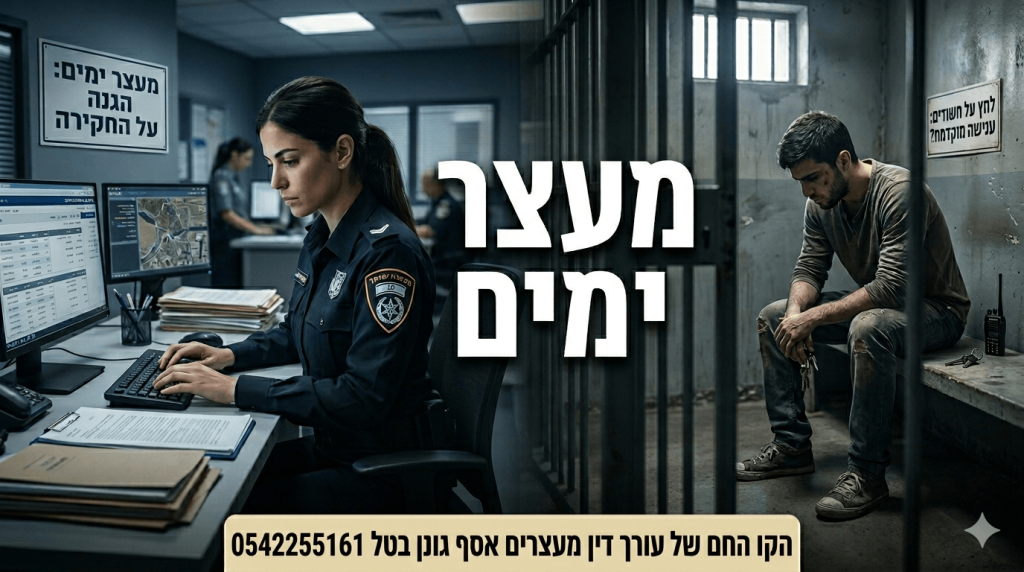 תמונה פרסומית המציגה חדר חקירות משטרתי שבו שוטרת במדים מקלידה במחשב ומאחוריה שלט בעברית לצד תא מעצר ובו עצור יושב שפוף וראשו מורכן. במרכז התמונה מופיע כיתוב בולט בעברית 