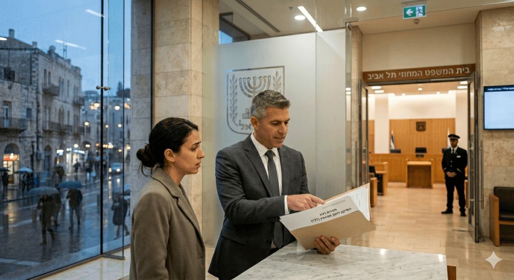 תמונת נושא של המאמר על עבירות רצח המציגה גבר ואישה עומדים ליד דלפק שיש בתוך מבנה ציבורי מודרני בעל קירות אבן וחלונות זכוכית גדולים המשקיפים לרחוב עירוני גשום. הגבר, לבוש בחליפה אפורה ובעל שיער קצר, מחזיק תיק מסמכים פתוח ומצביע על הדפים שבו, בעוד האישה, הלבושה במעיל ארוך בהיר ושערה אסוף, מביטה במסמכים במבט מודאג. ברקע נראה פתח המוביל לאולם בית משפט עם סמל המדינה, ומעליו שלט בעברית המציין כי זהו בית המשפט המחוזי תל אביב, כשבפתח עומד איש ביטחון במדים.