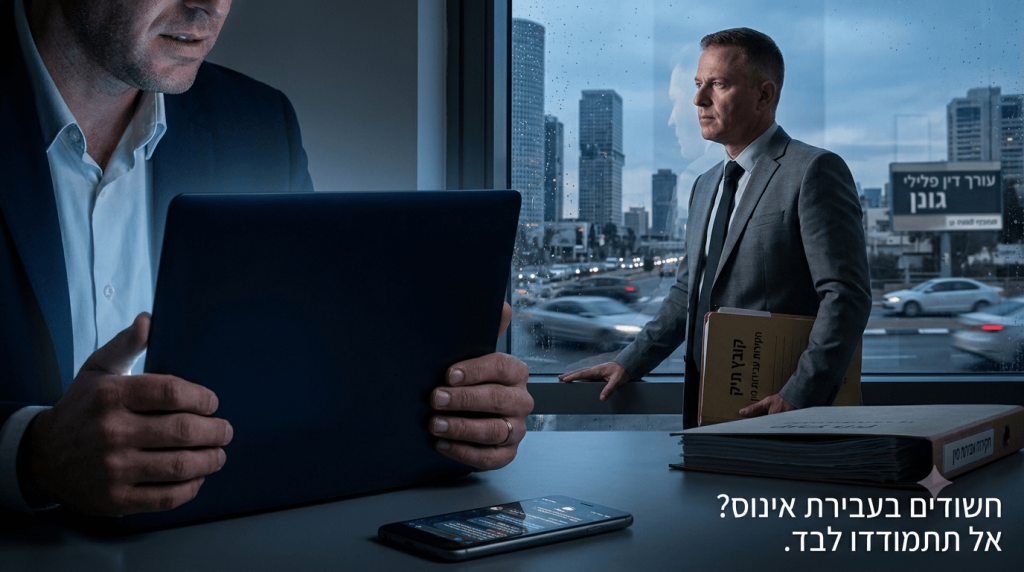 תמונת נושא של המאמר על אונס וירטואלי מציגה עורך דין פלילי בחליפה אפורה ועניבה העומד במשרד מול חלון גדול המשקיף אל כביש סואן ומגדלים עירוניים בשעת דמדומים כאשר הוא מחזיק תיק מסמכים בצבע קרטון ועליו הכיתוב קובץ תיק ובחזית התמונה נראה גבר בבגדים מחויטים מהסנטר ומטה כשהוא מביט במסך מחשב נייד פתוח ומחזיק אותו בשתי ידיו ועל השולחן מונחים קלסר מסמכים נוסף וטלפון נייד ומצד ימין למטה מופיע כיתוב בלבן חשודים בעבירת אינוס אל תתמודדו לבד לצד שלט חוצות מטושטש ברקע הנושא את השם עורך דין פלילי גונן