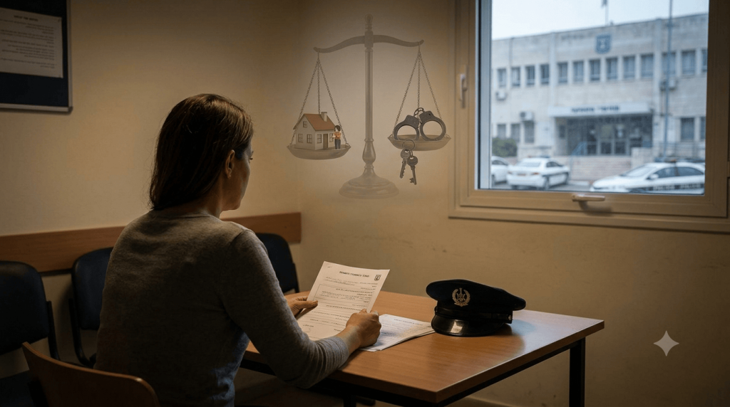 תמונה המציגה אישה יושבת מול חלון המשקיף לתחנת משטרה ומחזיקה דף נייר תוך התלבטות קשה על ביטול תלונה במשטרה אלימות במשפחה כאשר מאחוריה מופיע סמל ויזואלי של מאזני צדק עם דימוי בית משפחה מצד אחד ואזיקים ומפתחות מהצד השני.