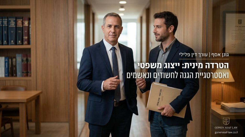 שני עורכי דין בחליפות מחזיקים תיק מסמכים במשרד עורכי דין עם כיתוב על ייצוג משפטי מאת עורך דין פלילי הטרדה מינית להגנה על חשודים ונאשמים