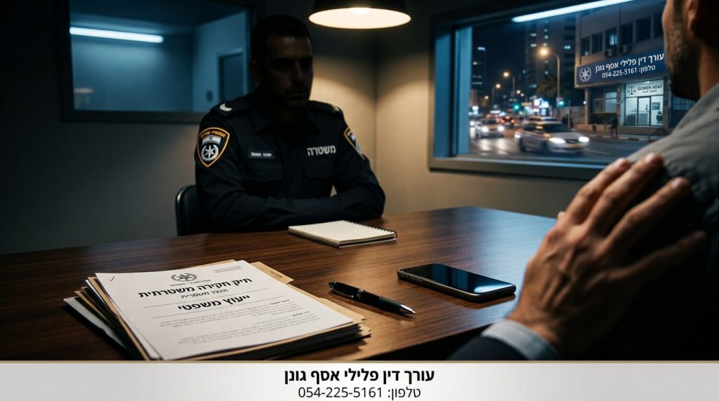 שוטר יושב מול אדם המקבל תמיכה מעורך דין בחדר חקירות כשעל השולחן מסמכים פתוחים המדגישים את החשיבות של ייעוץ לפני חקירה במשטרה