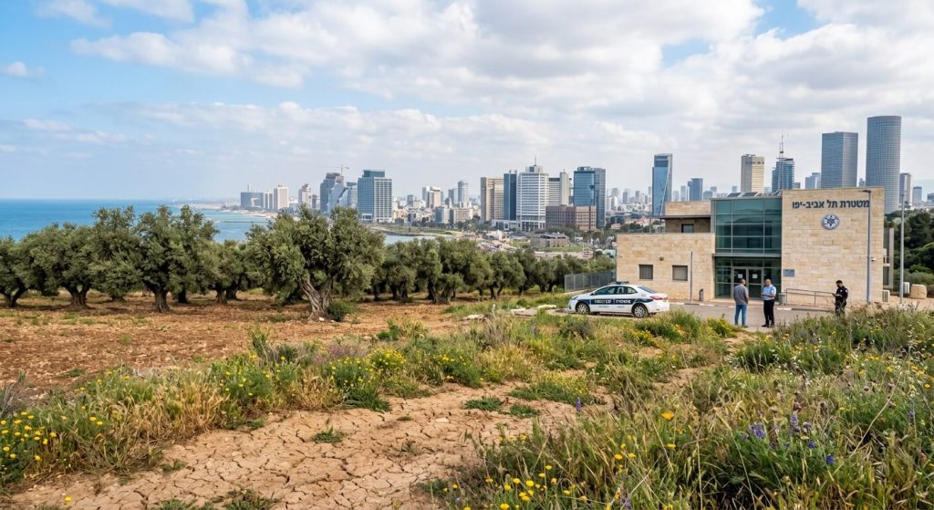 תמונה המציגה מבט פנורמי מרהיב, ובה חיבור בין קדמת התמונה הכפרית, הכוללת אדמה יבשה, צמחיית בר ועצי זית, לבין קו הרקיע האורבני של תל אביב הנשקף ברקע לחופו של הים התיכון. במרכז התמונה, לצד מבנה אבן מודרני עליו מופיע שלט בעברית 